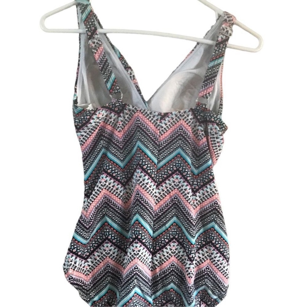 Chevron V-Neck One-Piece Swimsuit in Teal & Pink - Picture 3 of 5